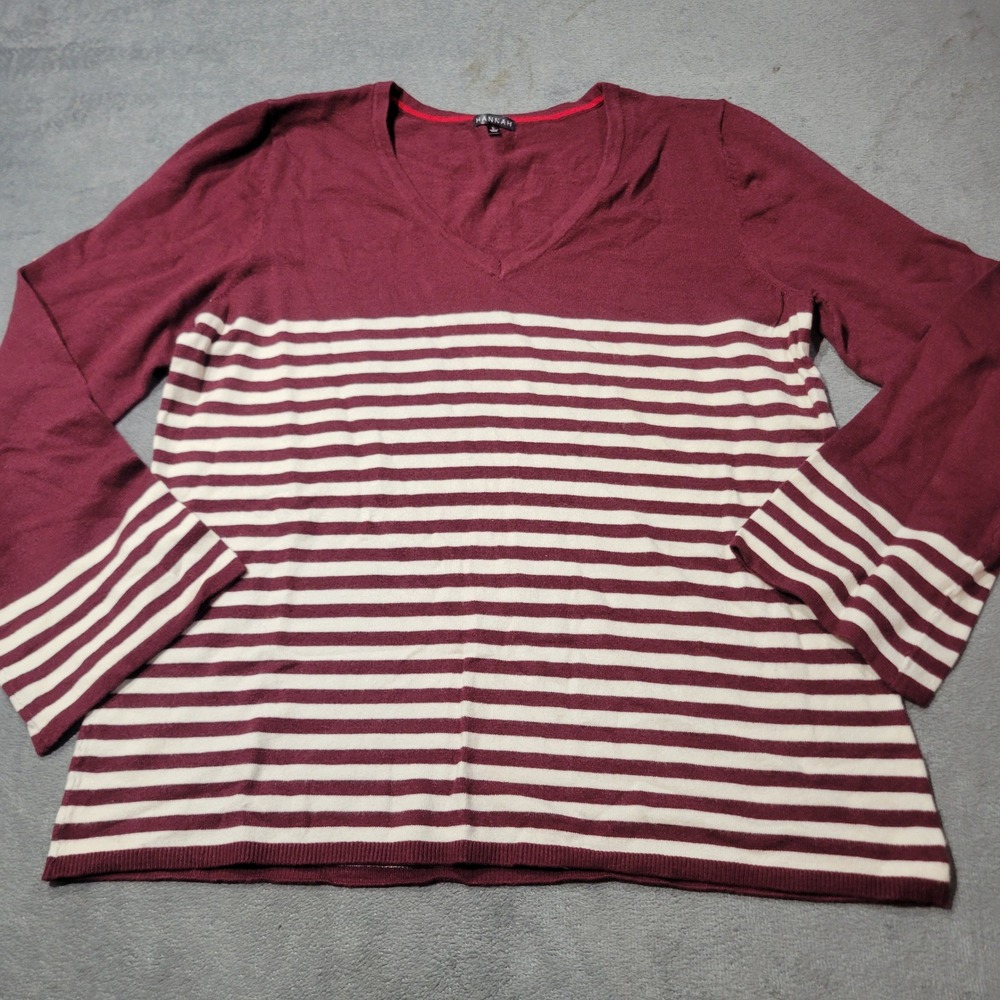 Hannah Sweater Womens Large Burgundy Cream Striped V-Neck Knit Pullover Casual